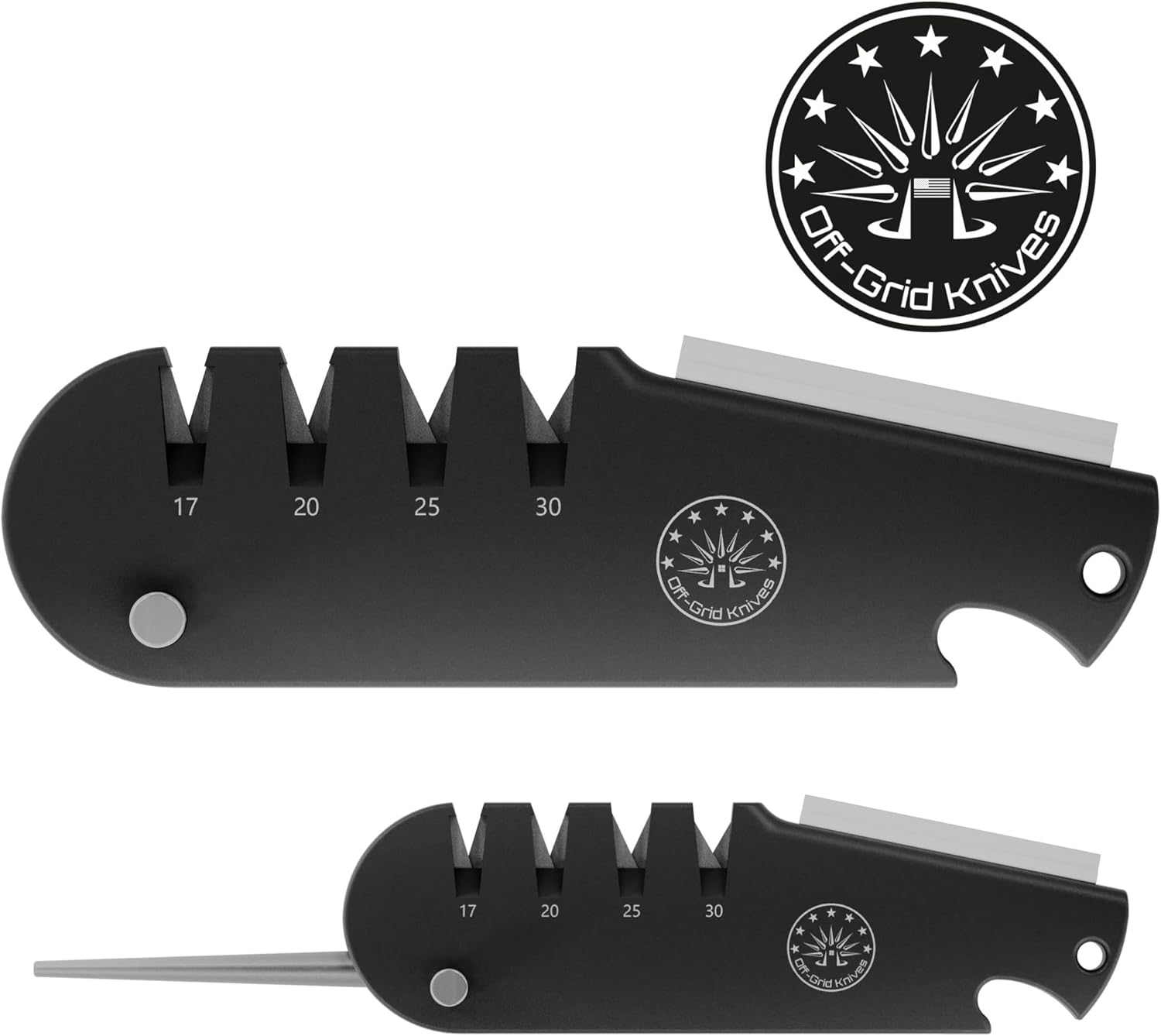 Off-Grid Knives - QuadEdge Knife Sharpener with 4 Angles: 17° | 20° | 25° | 30°, Diamond Rod, Fishing Hook Sharpener, Ceramic Honing Stone – Camping, Fishing, Hunting, Boating (Black)