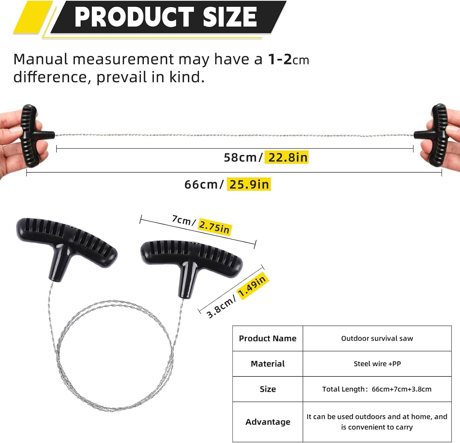 Stainless Steel Wire Saw with Plastic Handles,27.5'' Cable Saw Hand Pocket String Emergency Outdoor Survival Rope Cutting Tools for Camping Hiking and Cutting Trees & Wood