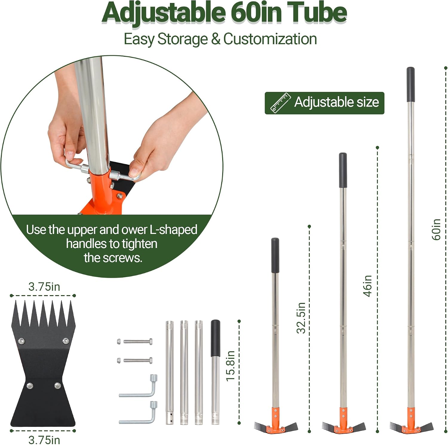 2-in-1 Garden Hoe and Weed Puller Rake, 60 Inch Adjustable Long Handle Weeding Tool Heavy Duty Spring Steel Head with Sand Texture Finish, Weed Remover for Garden, Yard, Lawn, Driveway