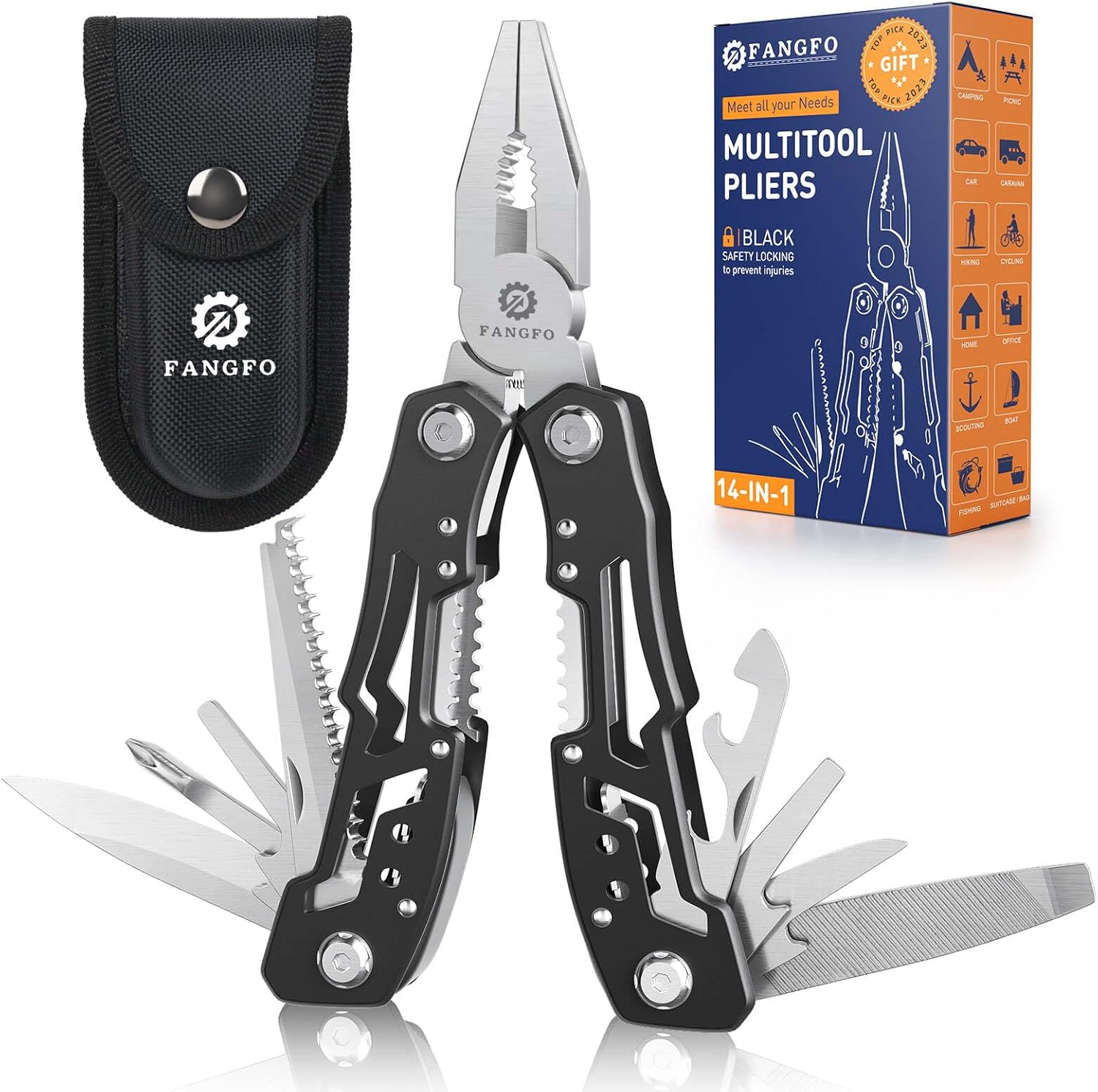14-In-1 Multitool with Safety Locking, Professional Stainless Steel Multitool Pliers Pocket Knife, Bottle Opener, Screwdriver with Nylon Sheath ,Apply to Survival,Camping, Hunting and Hiking 1 Pcs