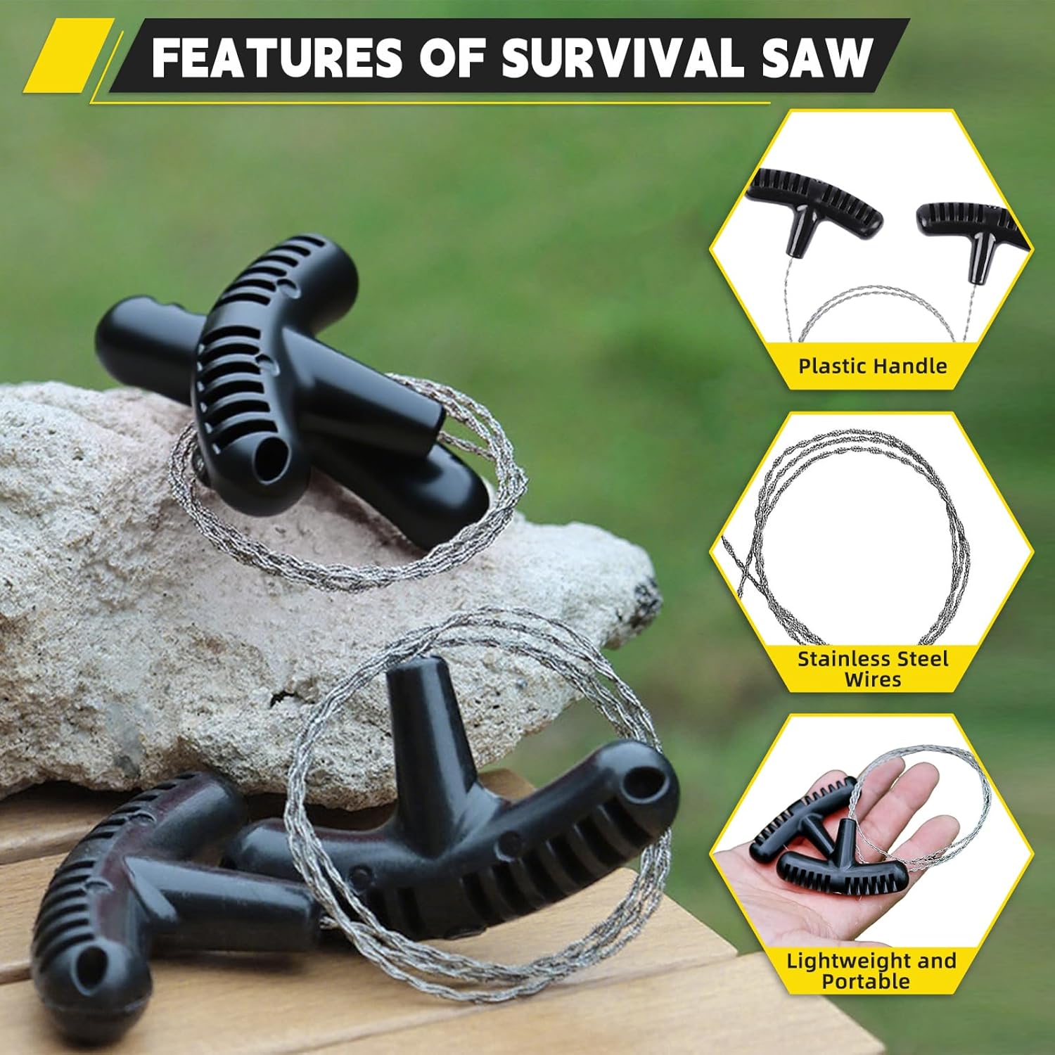 Stainless Steel Wire Saw with Plastic Handles,27.5'' Cable Saw Hand Pocket String Emergency Outdoor Survival Rope Cutting Tools for Camping Hiking and Cutting Trees & Wood
