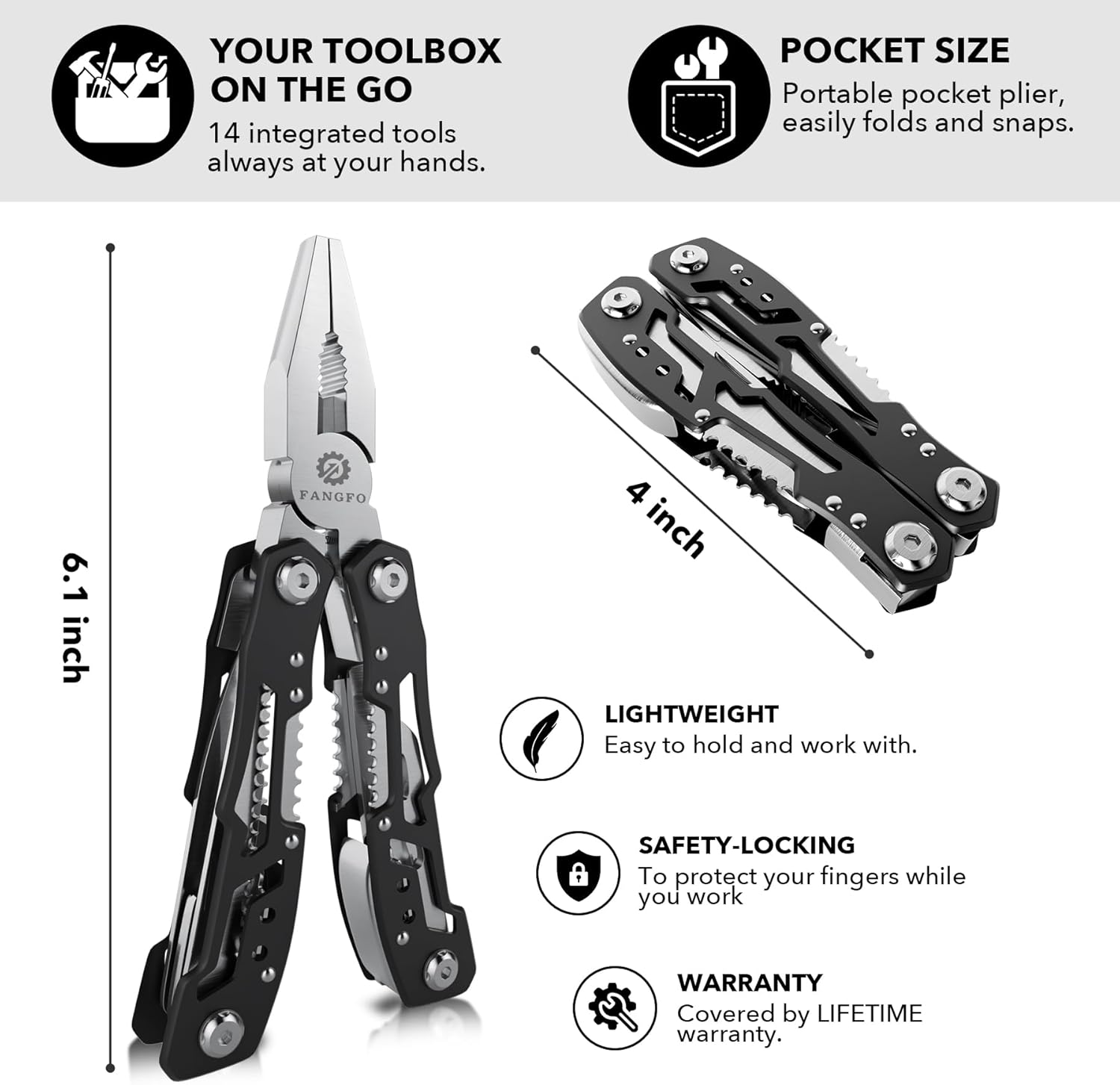 14-In-1 Multitool with Safety Locking, Professional Stainless Steel Multitool Pliers Pocket Knife, Bottle Opener, Screwdriver with Nylon Sheath ,Apply to Survival,Camping, Hunting and Hiking 1 Pcs