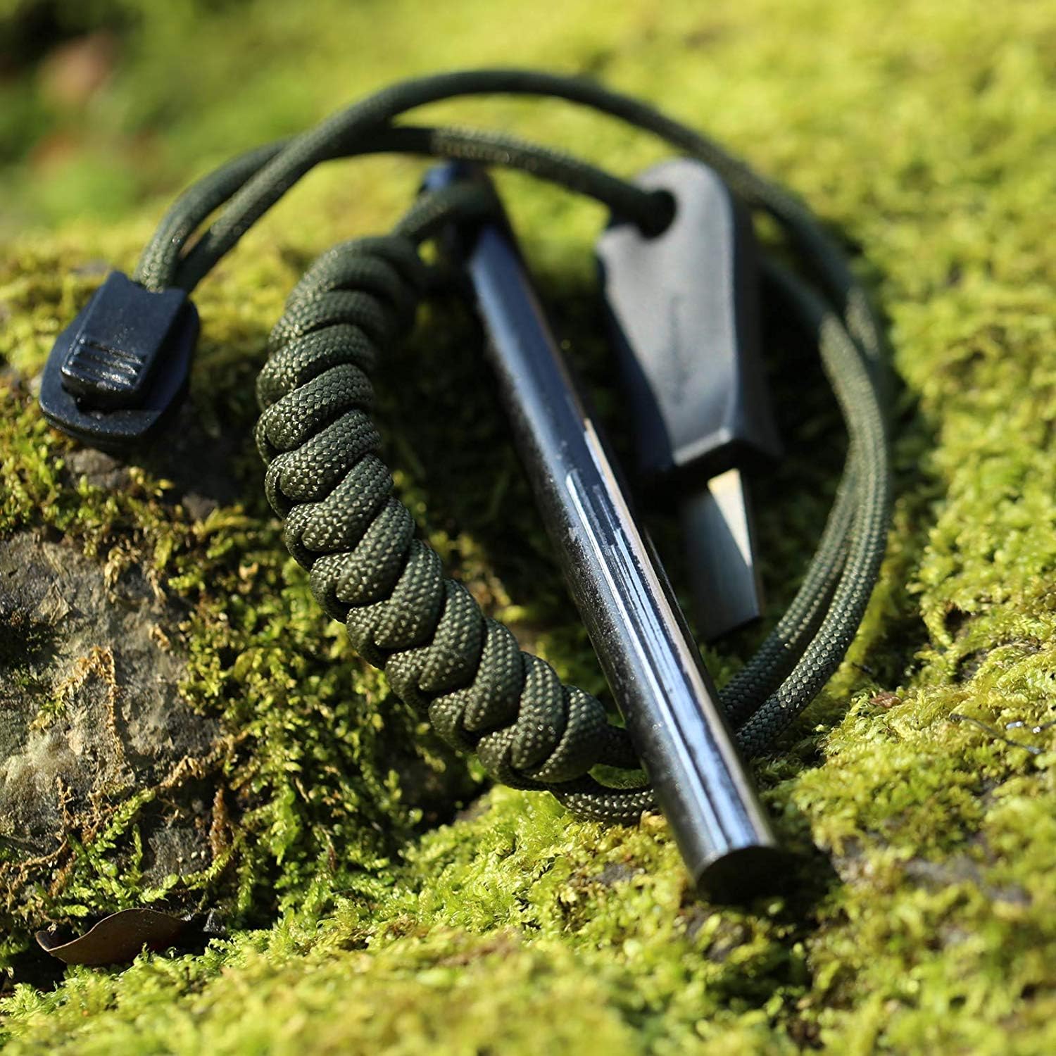 4 Inch Survival Ferrocerium Drilled Flint Fire Starter, Ferro Rod Kit with Paracord Landyard Handle and Striker, 4"(Long) x 3/8"(Diameter)