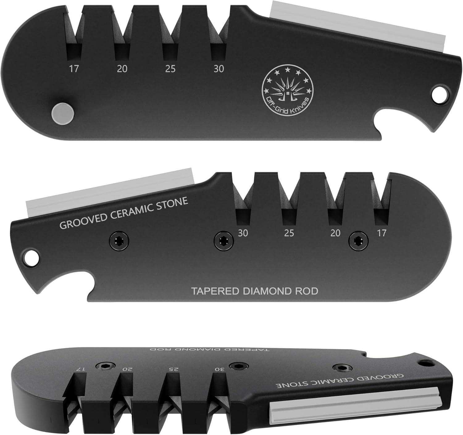 Off-Grid Knives - QuadEdge Knife Sharpener with 4 Angles: 17° | 20° | 25° | 30°, Diamond Rod, Fishing Hook Sharpener, Ceramic Honing Stone – Camping, Fishing, Hunting, Boating (Black)