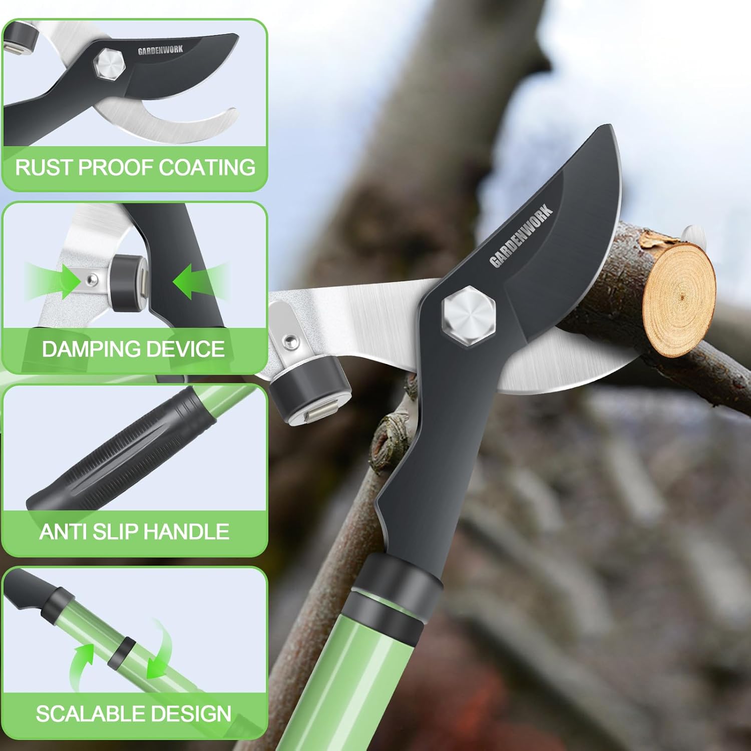 GARDENWORK 16-24" Loppers for Tree Trimmer Heavy Duty,Tree Branch Cutter,Extendable Tree Trimmer with SK5 High Carbon Steel Blade,Garden Shears with 1.6"Cutting Capacity