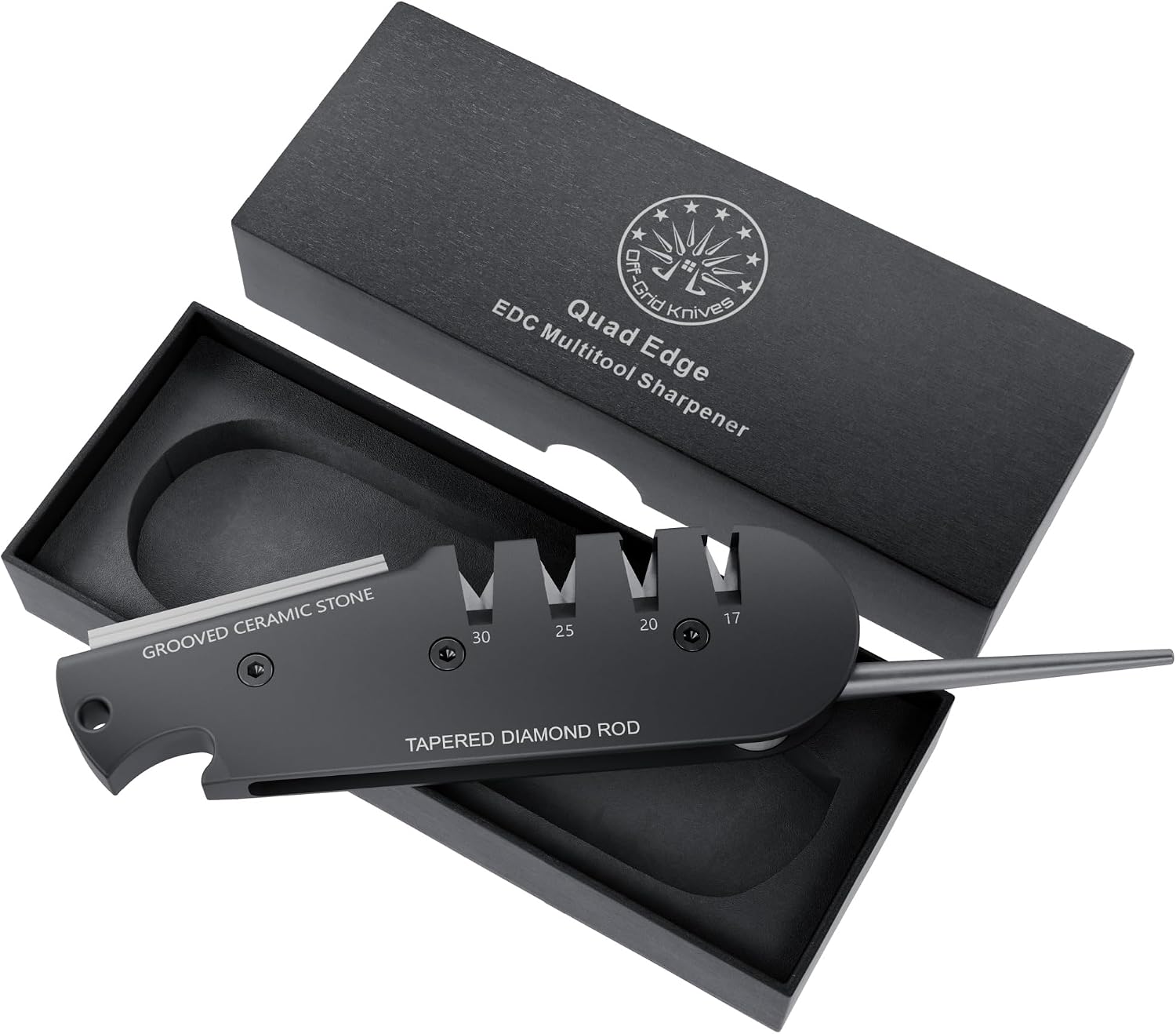 Off-Grid Knives - QuadEdge Knife Sharpener with 4 Angles: 17° | 20° | 25° | 30°, Diamond Rod, Fishing Hook Sharpener, Ceramic Honing Stone – Camping, Fishing, Hunting, Boating (Black)