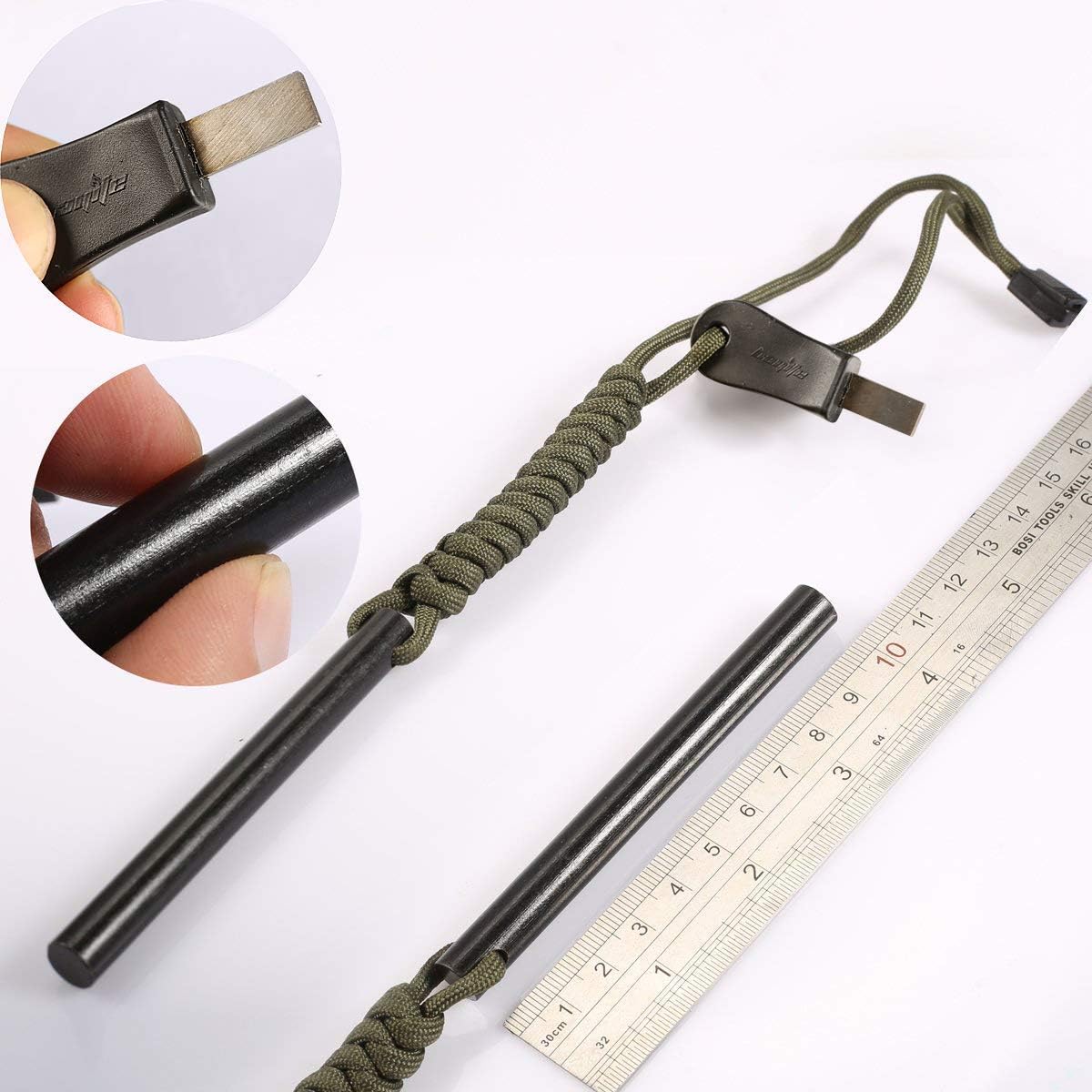 4 Inch Survival Ferrocerium Drilled Flint Fire Starter, Ferro Rod Kit with Paracord Landyard Handle and Striker, 4"(Long) x 3/8"(Diameter)