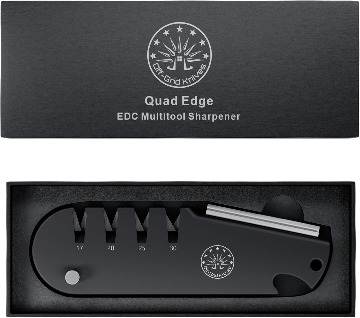 Off-Grid Knives - QuadEdge Knife Sharpener with 4 Angles: 17° | 20° | 25° | 30°, Diamond Rod, Fishing Hook Sharpener, Ceramic Honing Stone – Camping, Fishing, Hunting, Boating (Black)