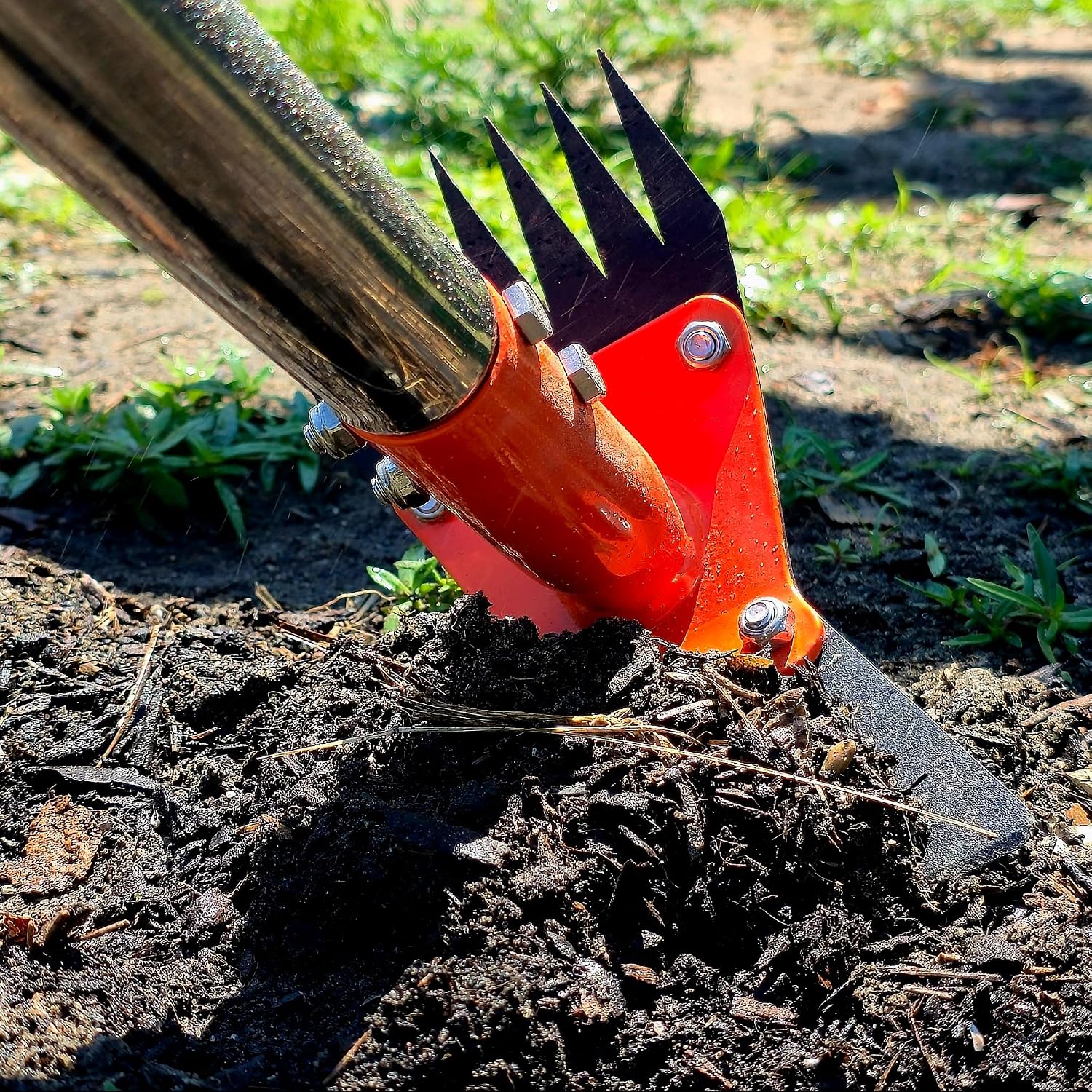 2-in-1 Garden Hoe and Weed Puller Rake, 60 Inch Adjustable Long Handle Weeding Tool Heavy Duty Spring Steel Head with Sand Texture Finish, Weed Remover for Garden, Yard, Lawn, Driveway
