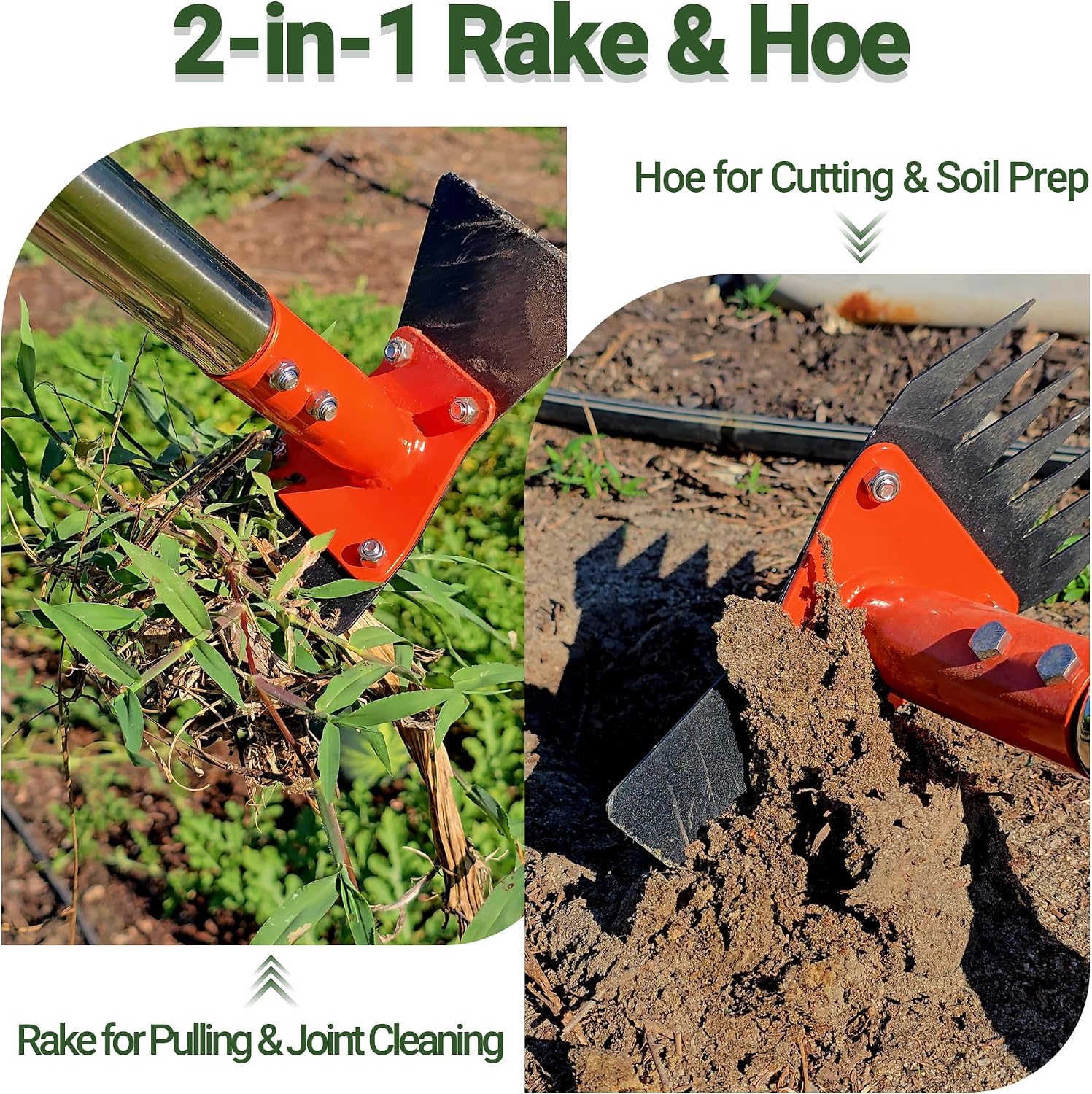 2-in-1 Garden Hoe and Weed Puller Rake, 60 Inch Adjustable Long Handle Weeding Tool Heavy Duty Spring Steel Head with Sand Texture Finish, Weed Remover for Garden, Yard, Lawn, Driveway