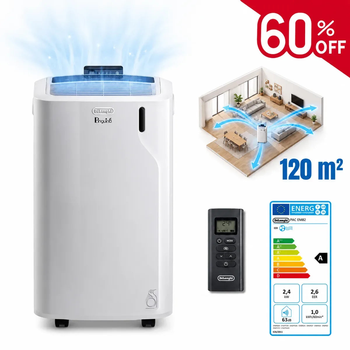 Pinguino 4 in 1: condizionatore, riscaldatore, deumidificatore e ventilatore.